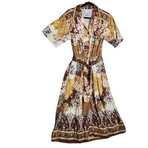 Vintage Together! Floral Cotton Midi Shirt Dress Brown Multi Belted Size 8